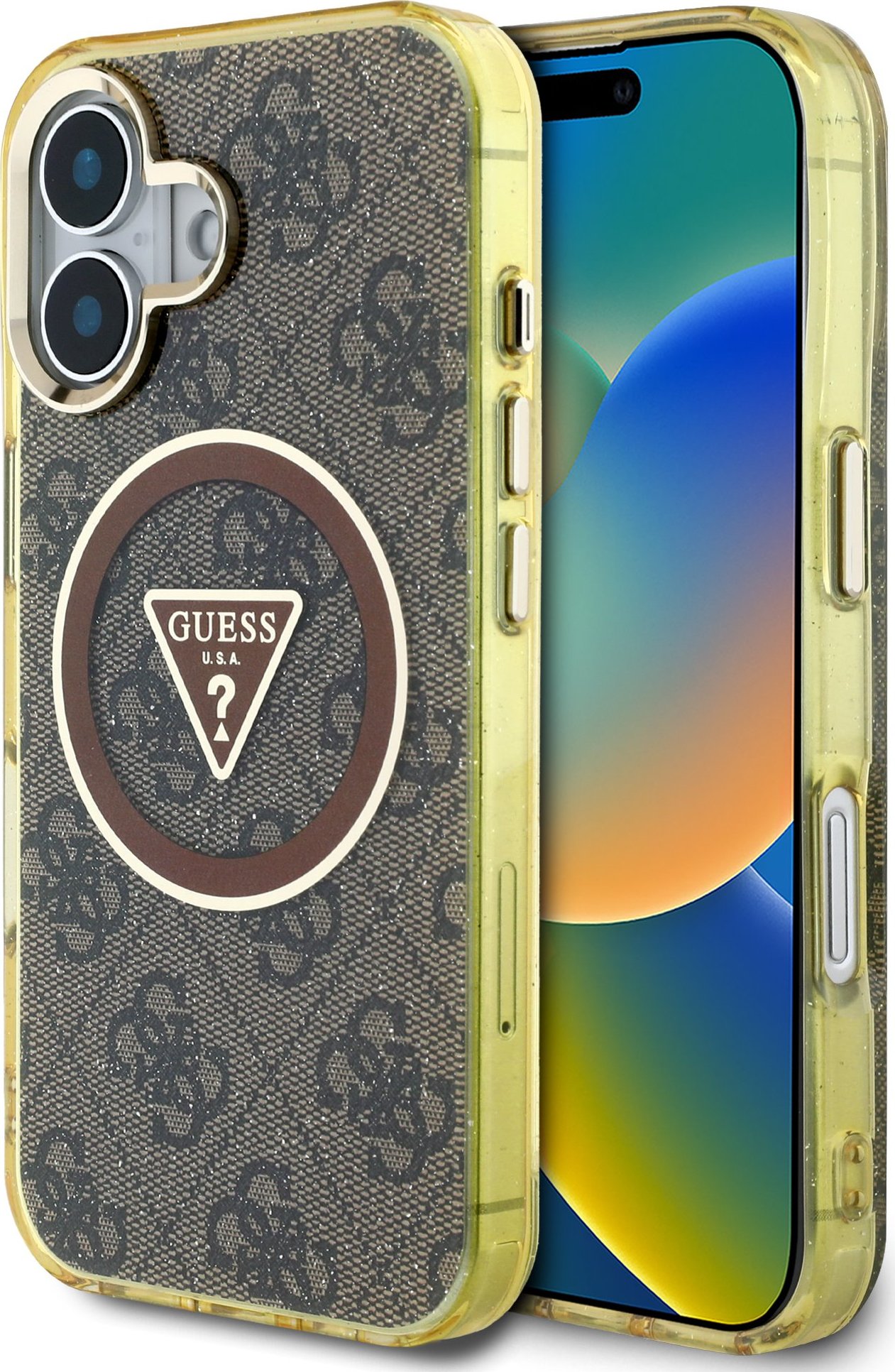 Guess IML 4G Glitter and Triangle Logo MagSafe Zadní Kryt pro iPhone 16 Brown