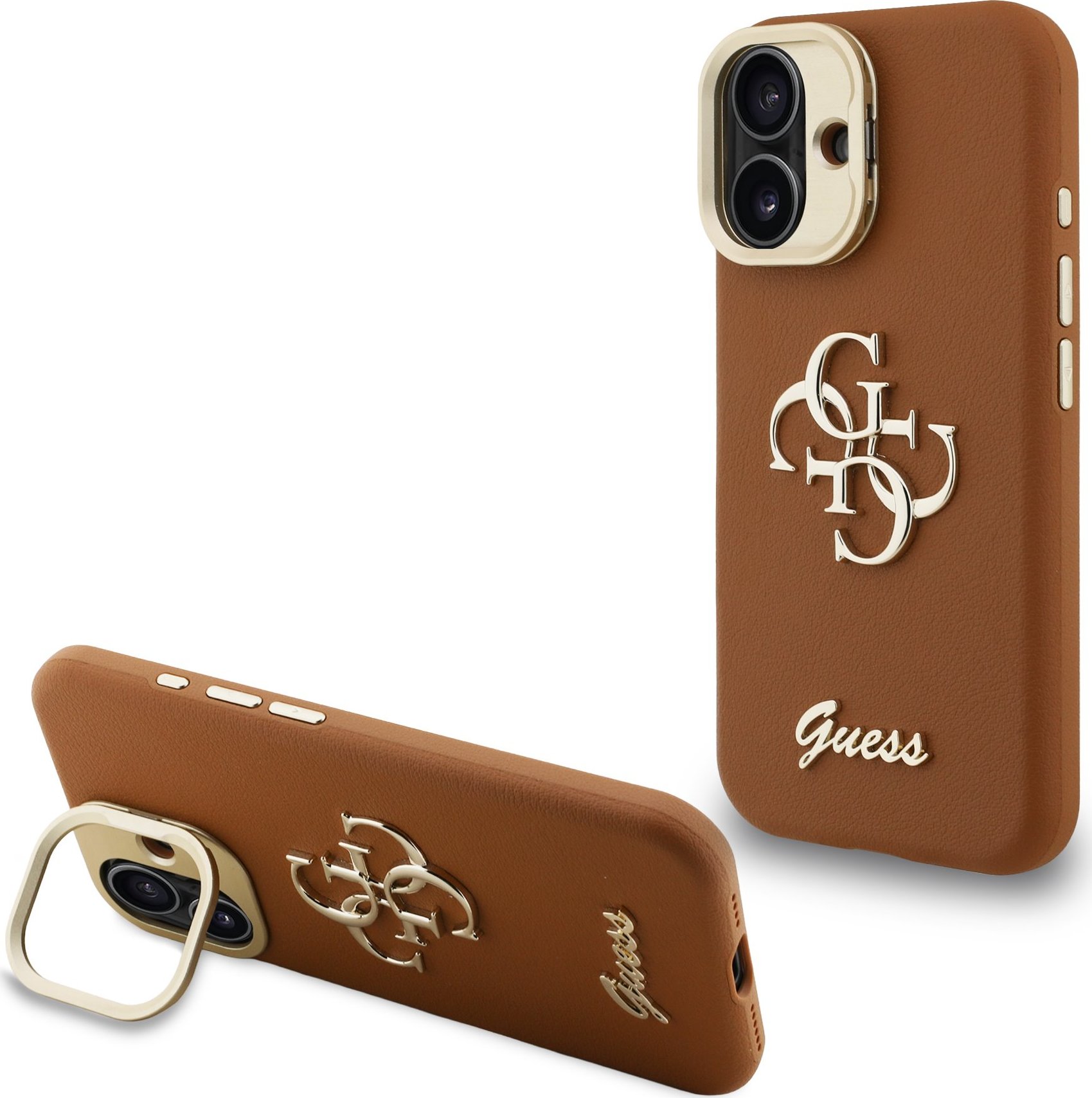Guess PU Grained 4G Logo Stand Camera Frame Zadní Kryt pro iPhone 16 Brown