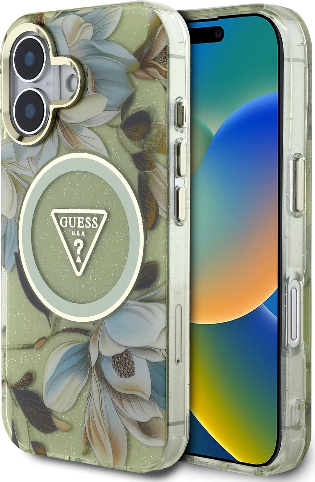 Guess IML Glitter Magnolia and Triangle Logo MagSafe Zadní Kryt pro iPhone 16 Green
