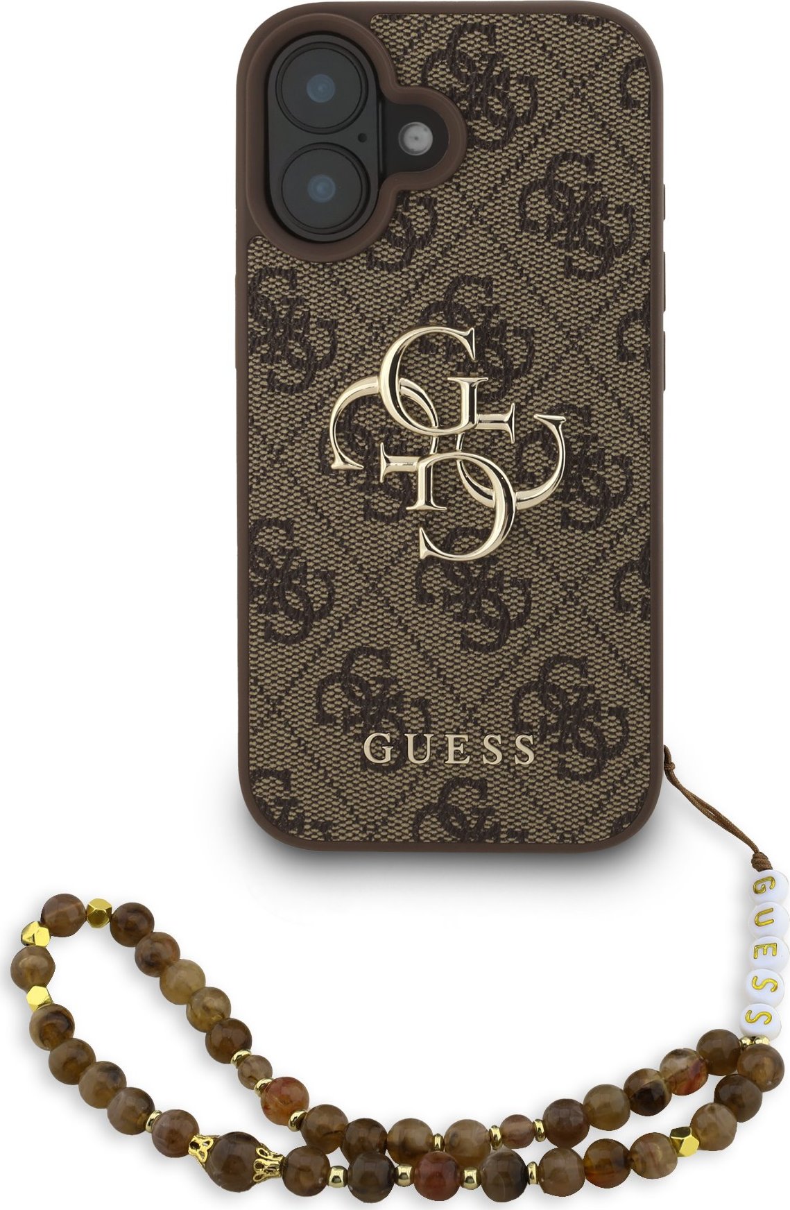 Guess PU 4G Metal Logo Strap Zadní Kryt pro iPhone 16 Brown