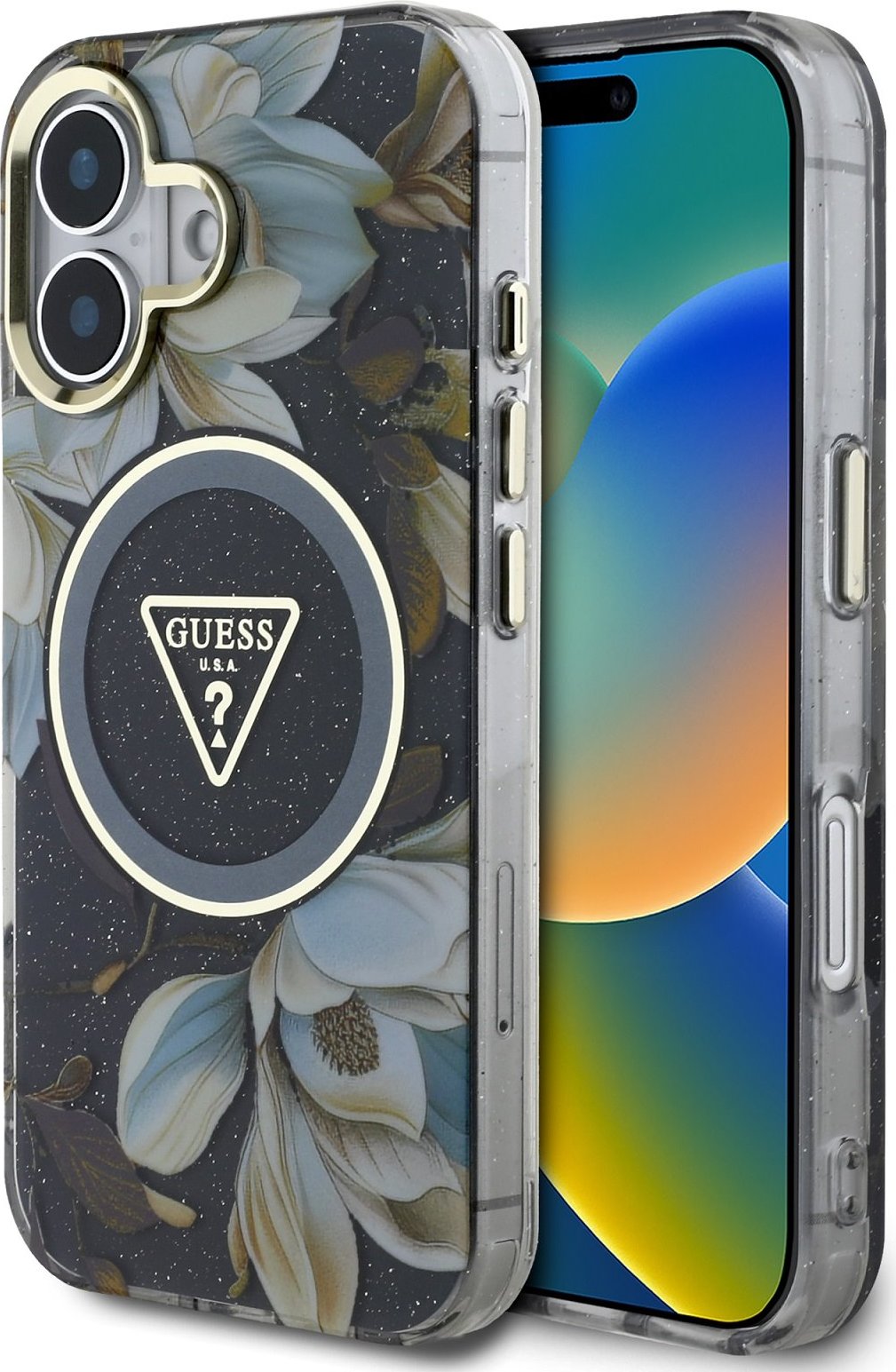 Guess IML Glitter Magnolia and Triangle Logo MagSafe Zadní Kryt pro iPhone 16 Black