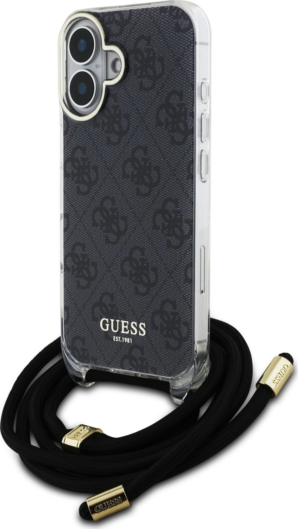 Guess IML 4G Printed Crossbody Popruh Zadní Kryt pro iPhone 16 Black