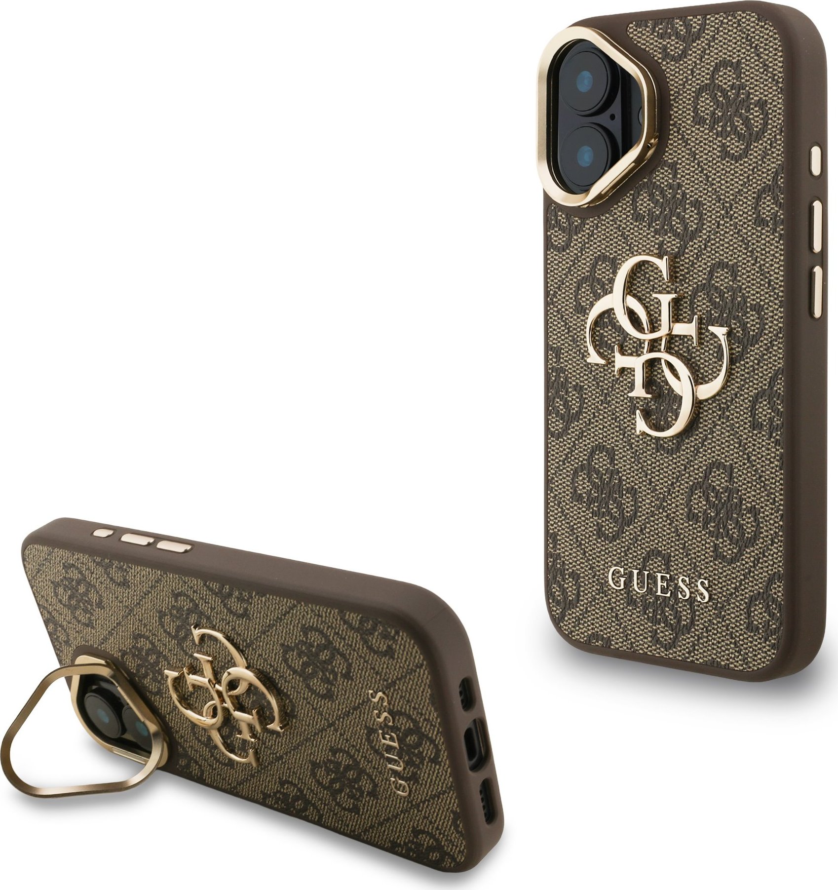 Guess PU 4G Metal Logo Stand Camera Frame Zadní Kryt pro iPhone 16 Brown
