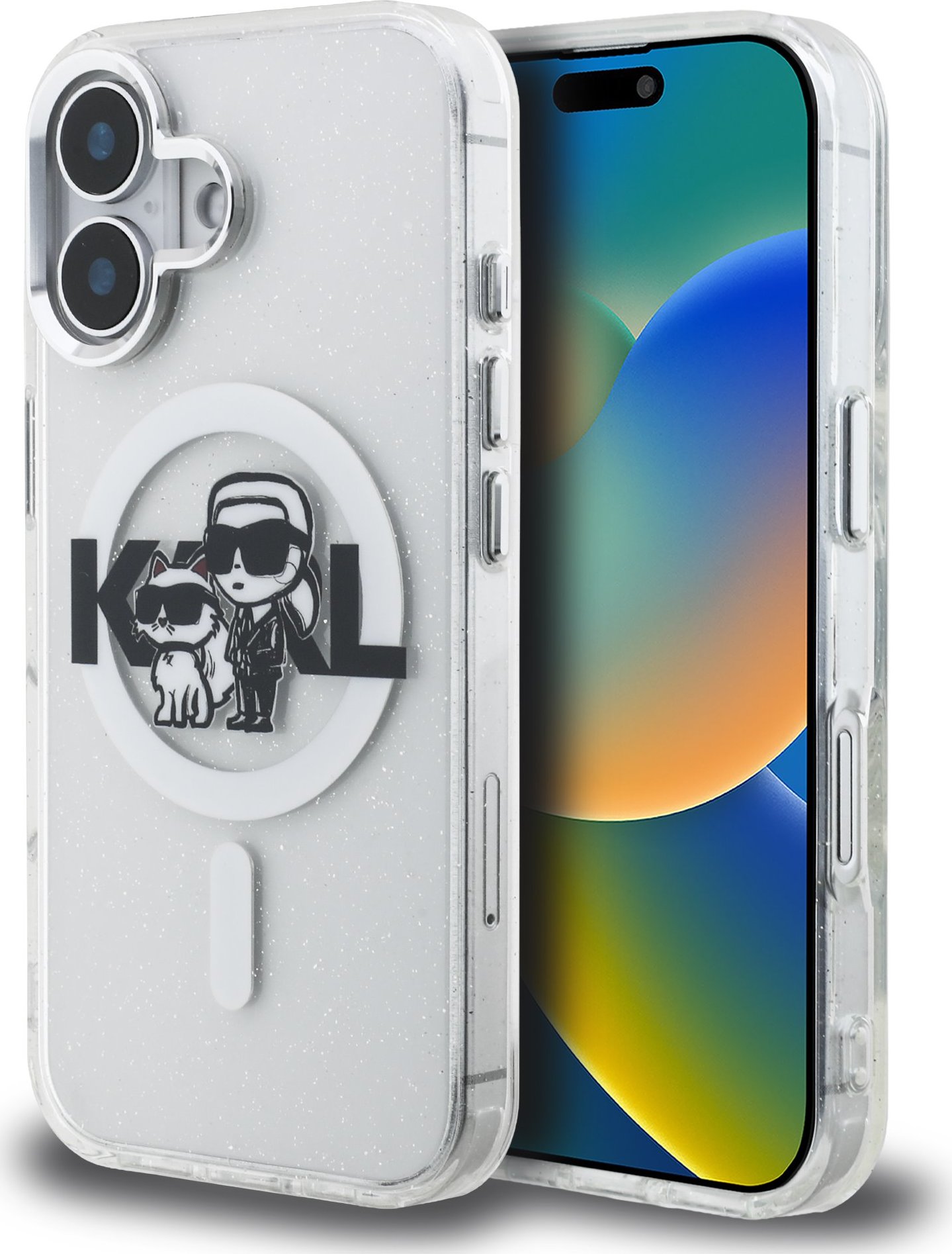 Karl Lagerfeld IML Glitter Karl and Choupette Sketch MagSafe Zadní Kryt pro iPhone 16 Transparent