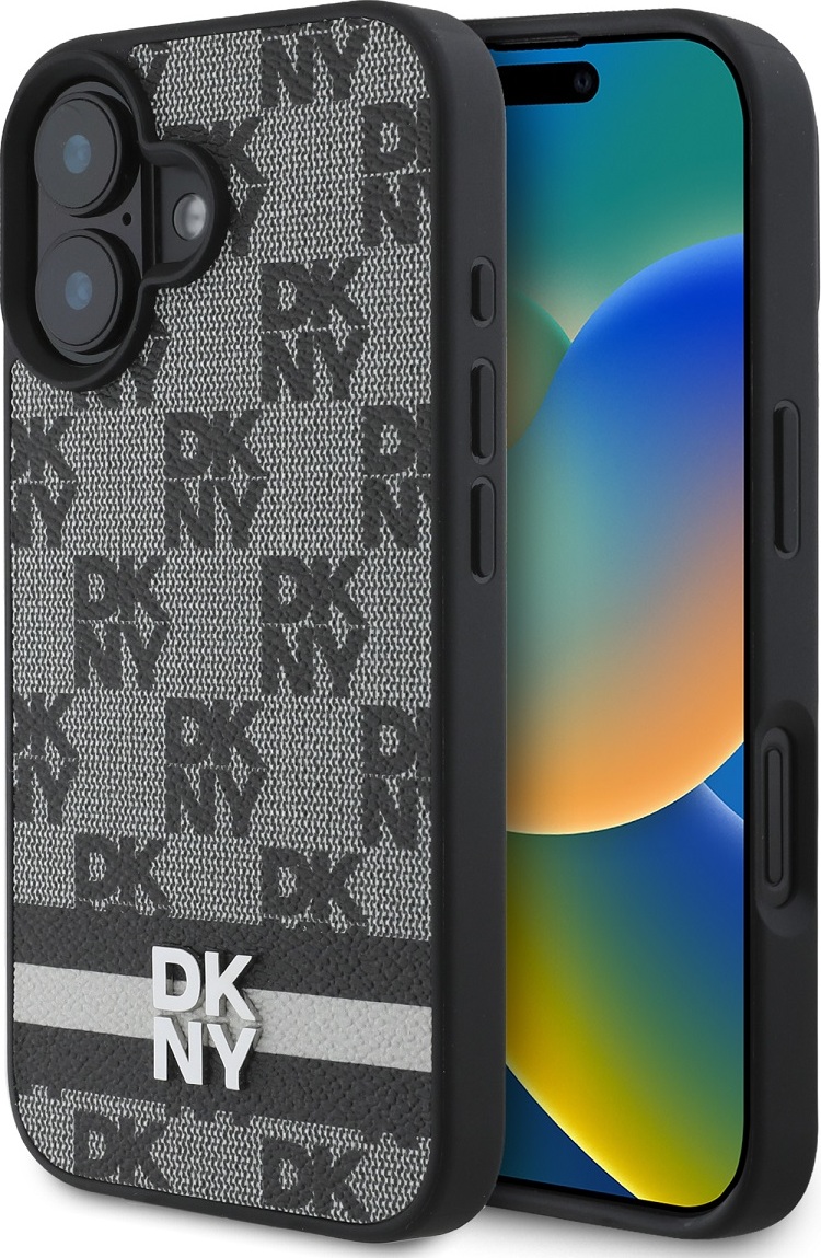 DKNY PU Leather Checkered Pattern and Stripe Zadní Kryt pro iPhone 16 Black