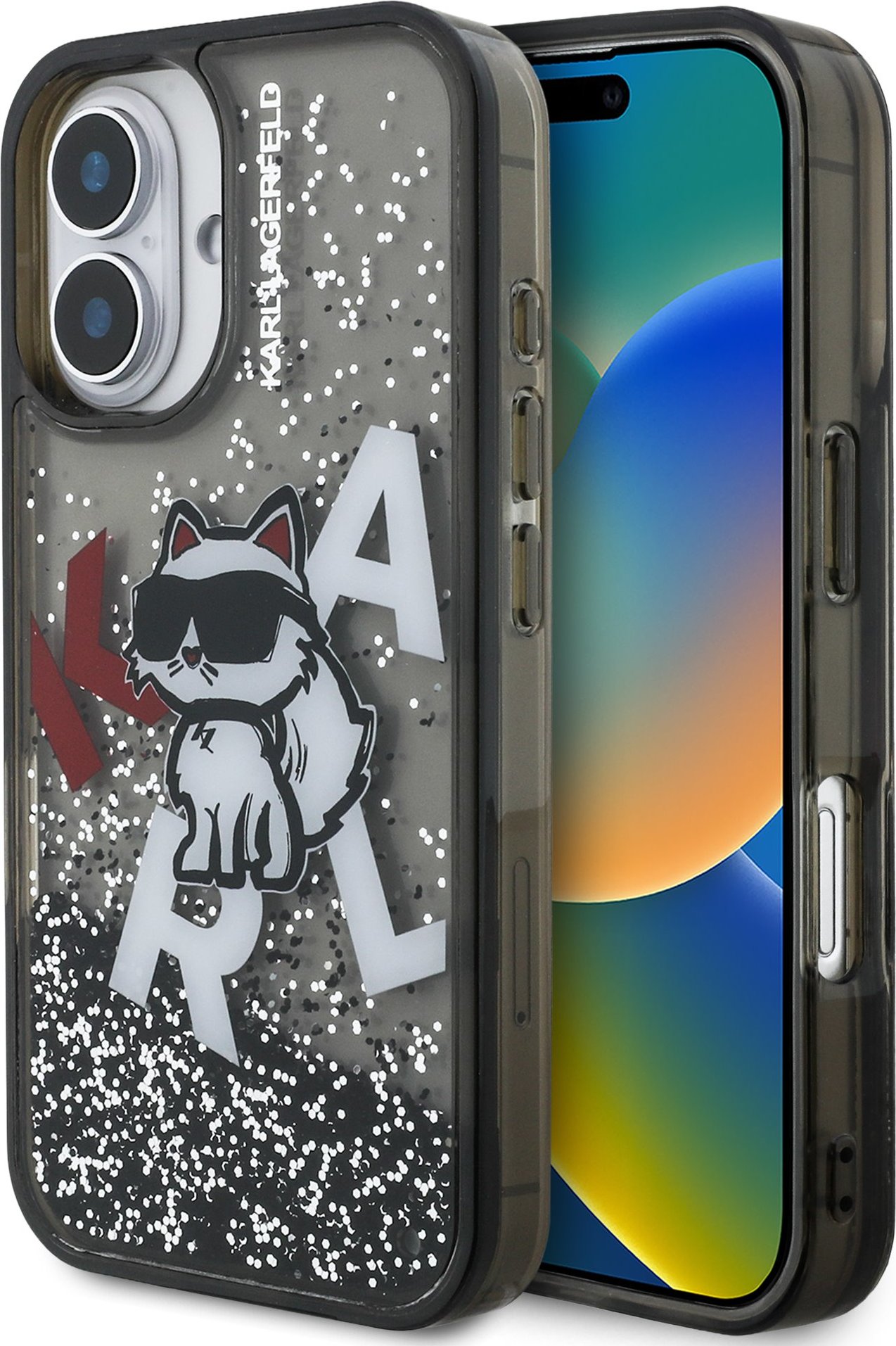 Karl Lagerfeld Liquid Glitter Scattered Choupette Zadní Kryt pro iPhone 16 Black