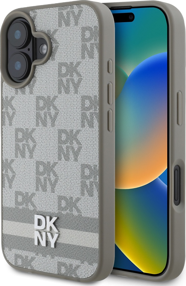 DKNY PU Leather Checkered Pattern and Stripe Zadní Kryt pro iPhone 16 Beige