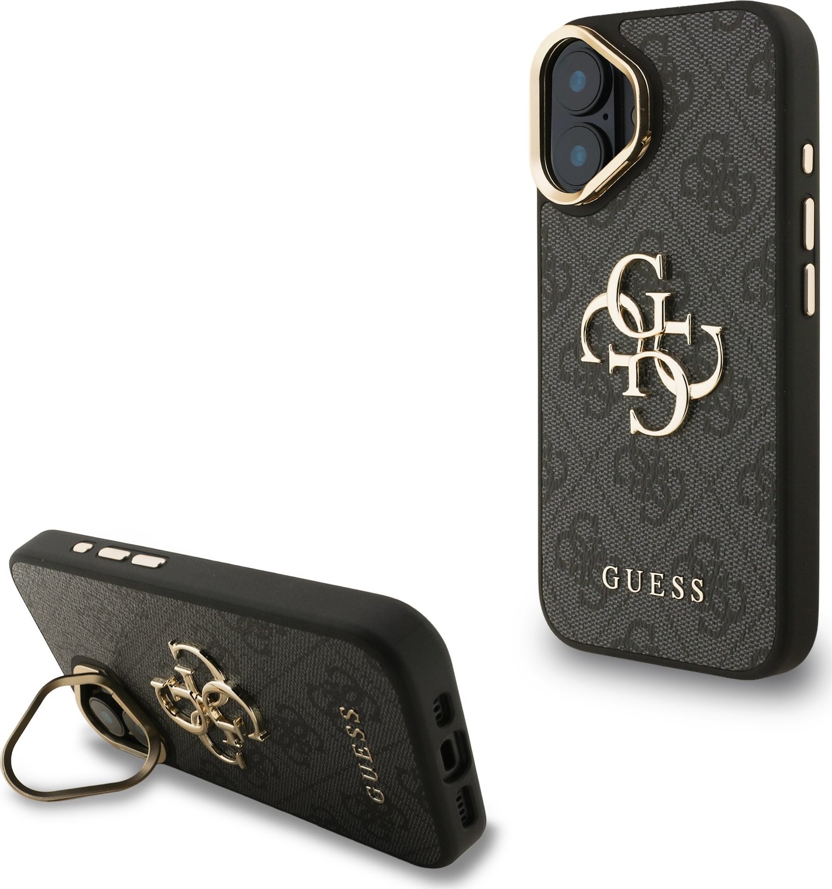 Guess PU 4G Metal Logo Stand Camera Frame Zadní Kryt pro iPhone 16 Black