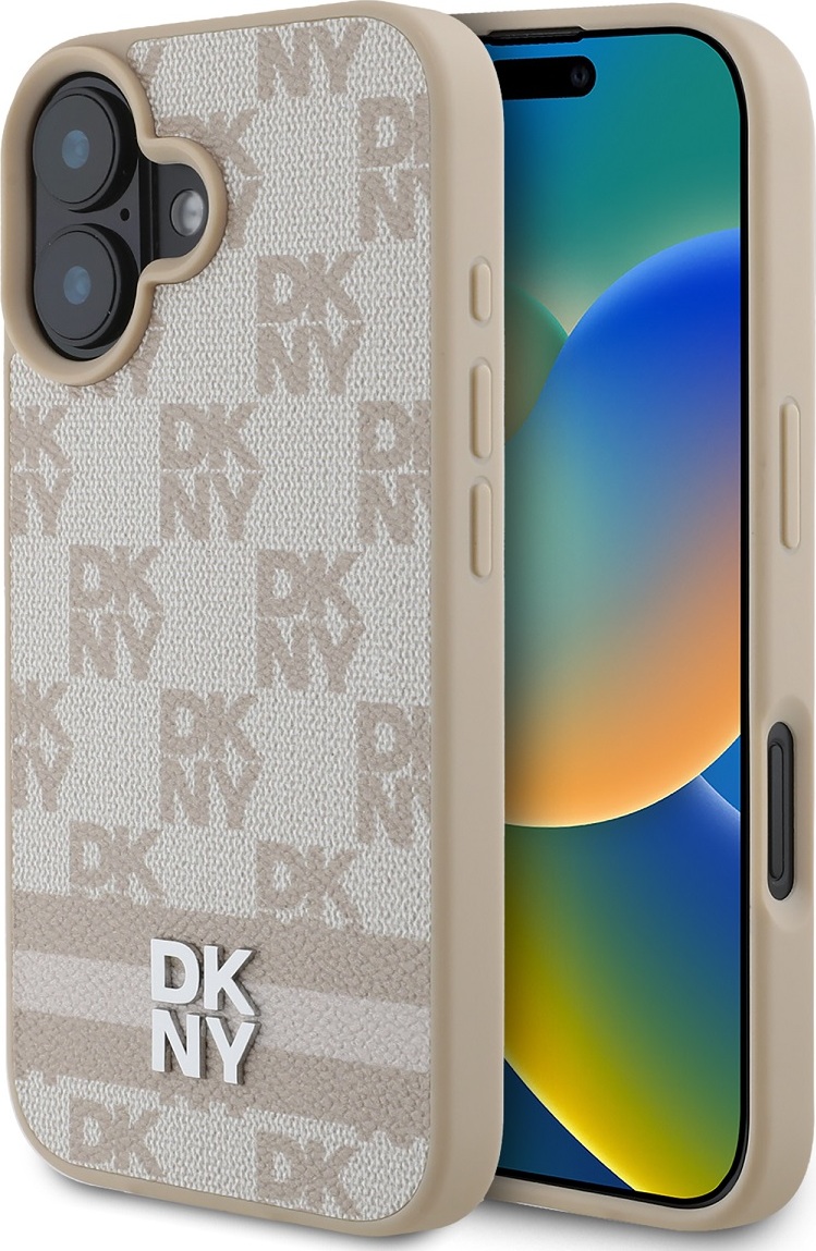 DKNY PU Leather Checkered Pattern and Stripe Zadní Kryt pro iPhone 16 Pink