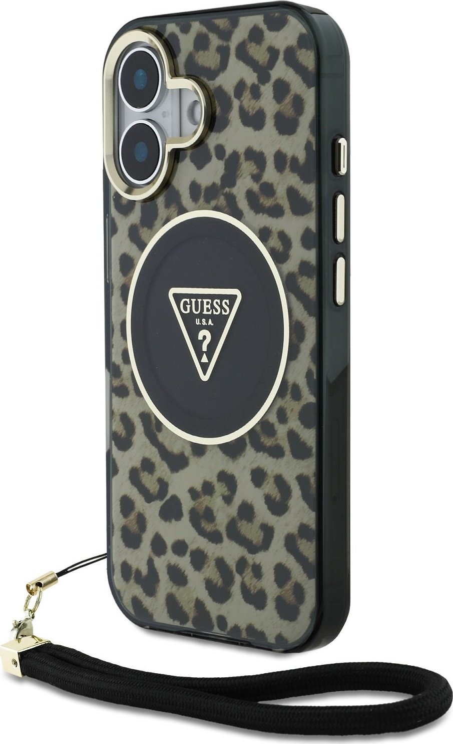 Guess IML Leopard Triangle Logo Strap MagSafe Zadní Kryt pro iPhone 16 Brown