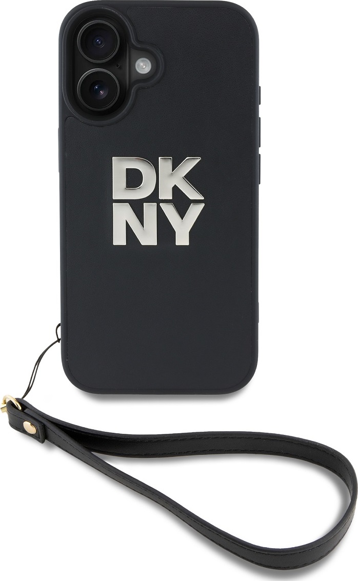 DKNY PU Leather Stack Logo Wrist Strap Zadní Kryt pro iPhone 16 Black
