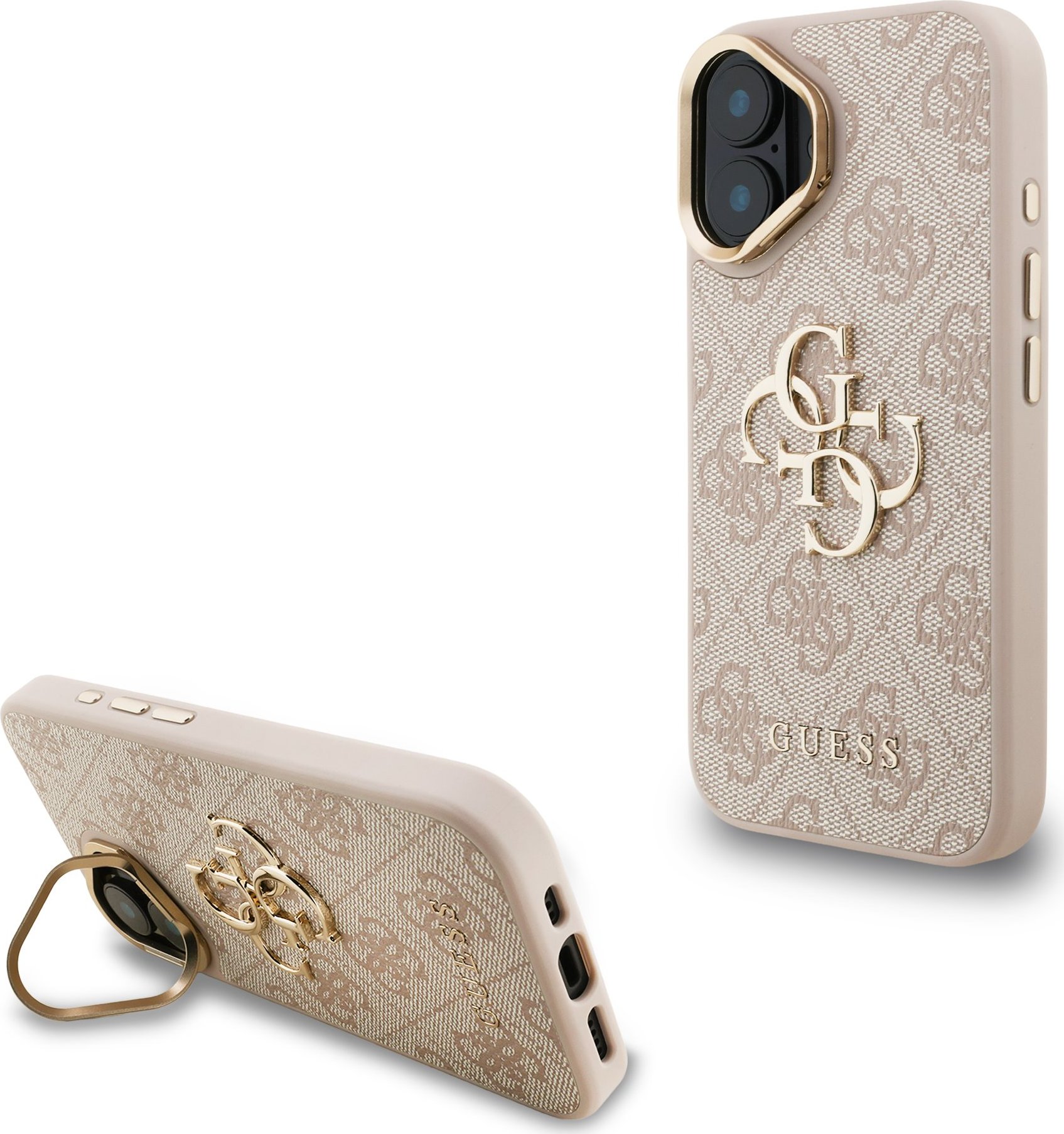 Guess PU 4G Metal Logo Stand Camera Frame Zadní Kryt pro iPhone 16 Pink