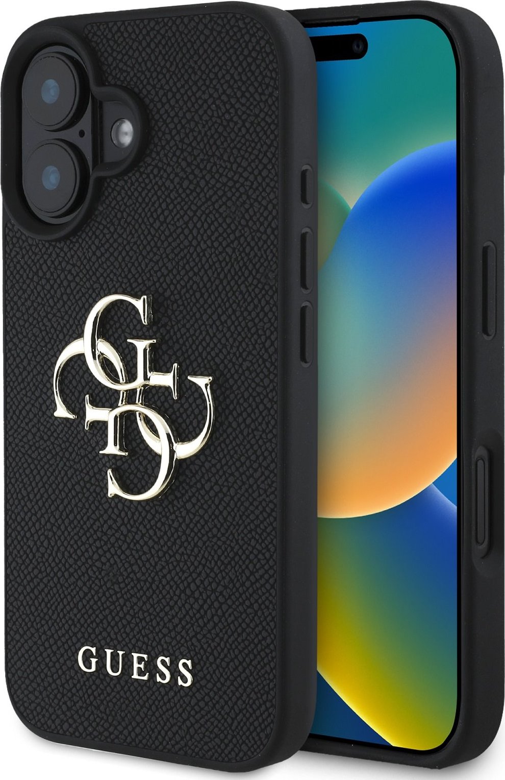 Guess PU Grained 4G Metal Logo Zadní Kryt pro iPhone 16 Black