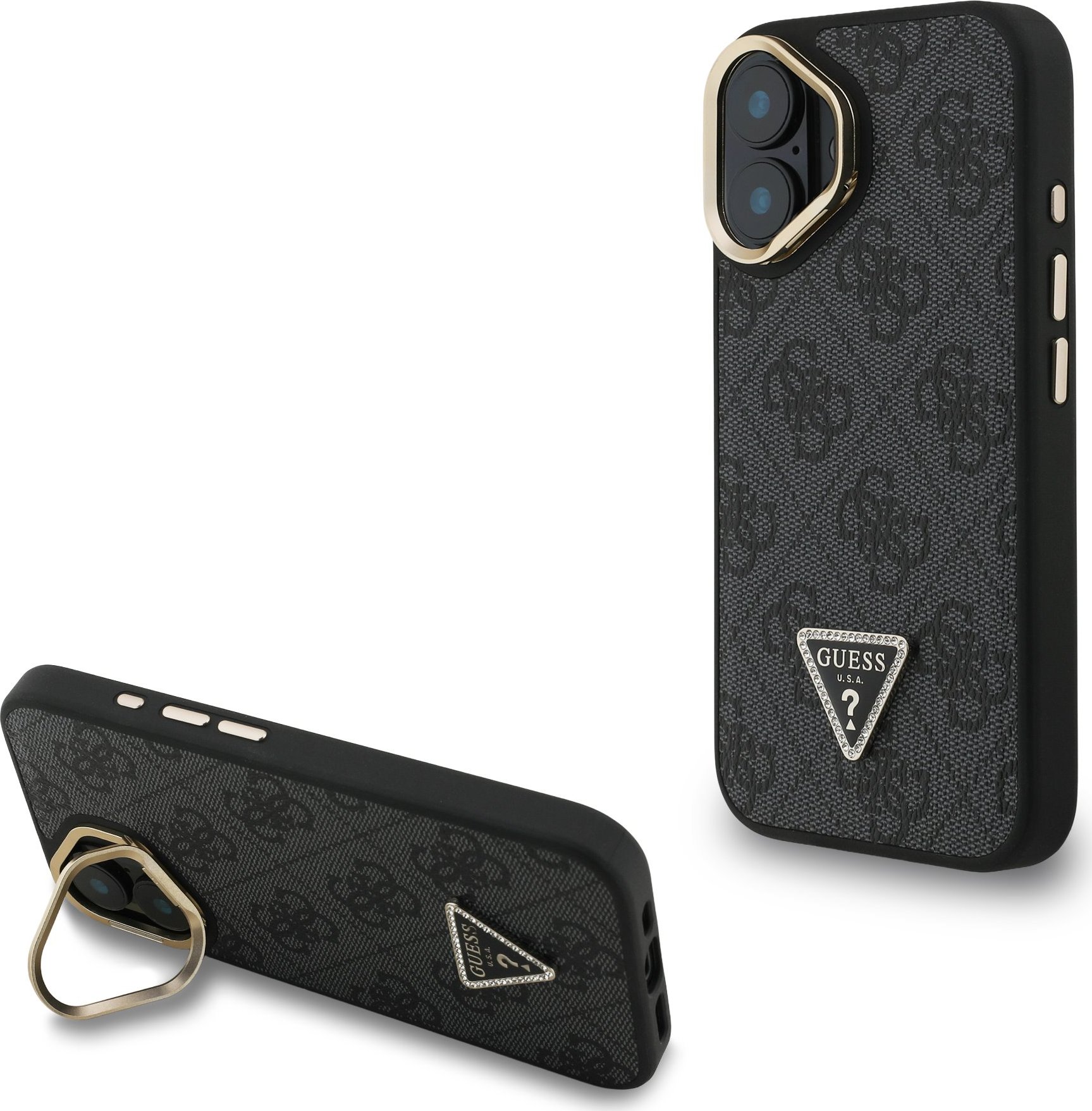 Guess PU 4G Strass Triangle Logo Stand Camera Frame MagSafe Zadní Kryt pro iPhone 16 Black