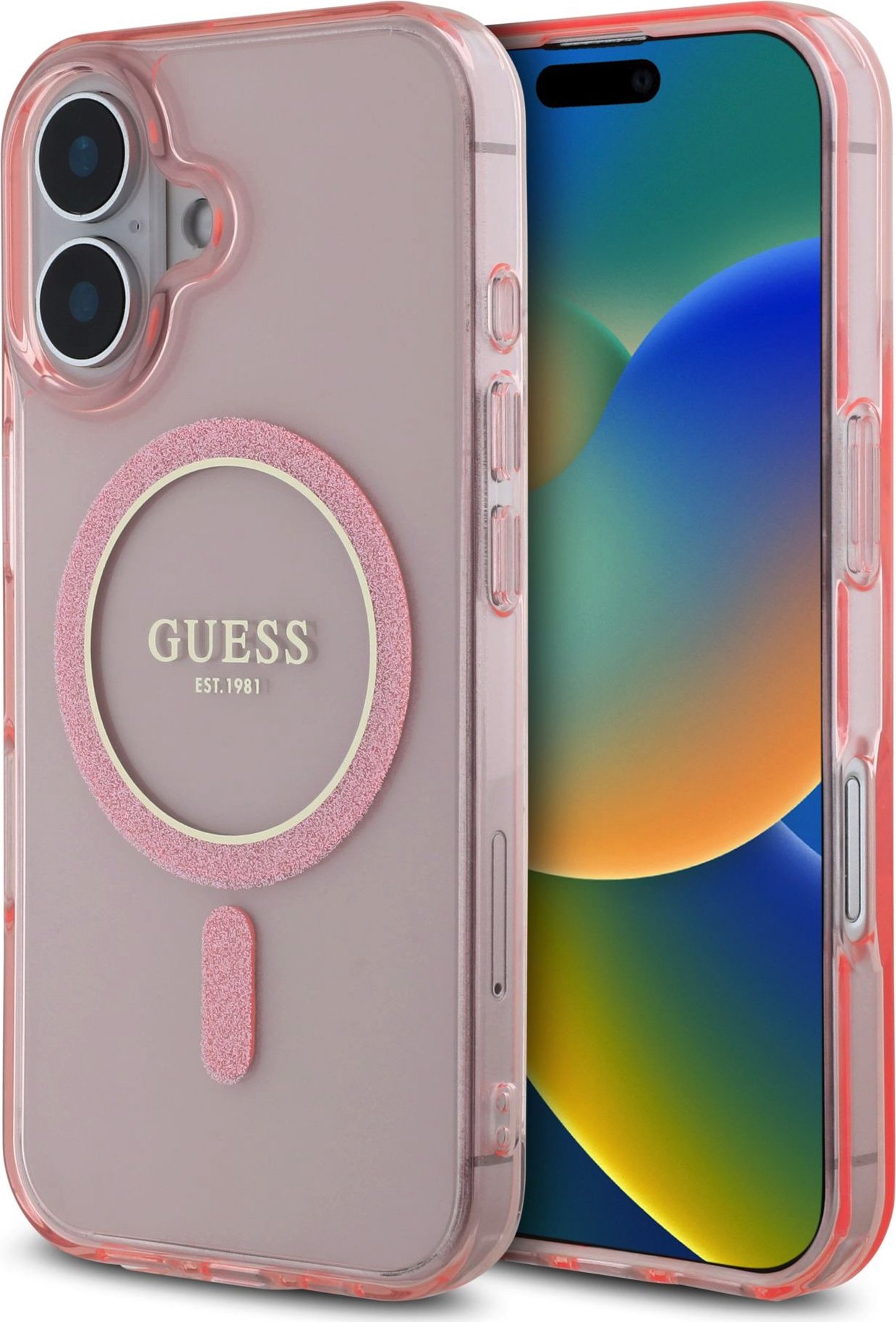 Guess IML Glitter Ring MagSafe Zadní Kryt pro iPhone 16 Pink
