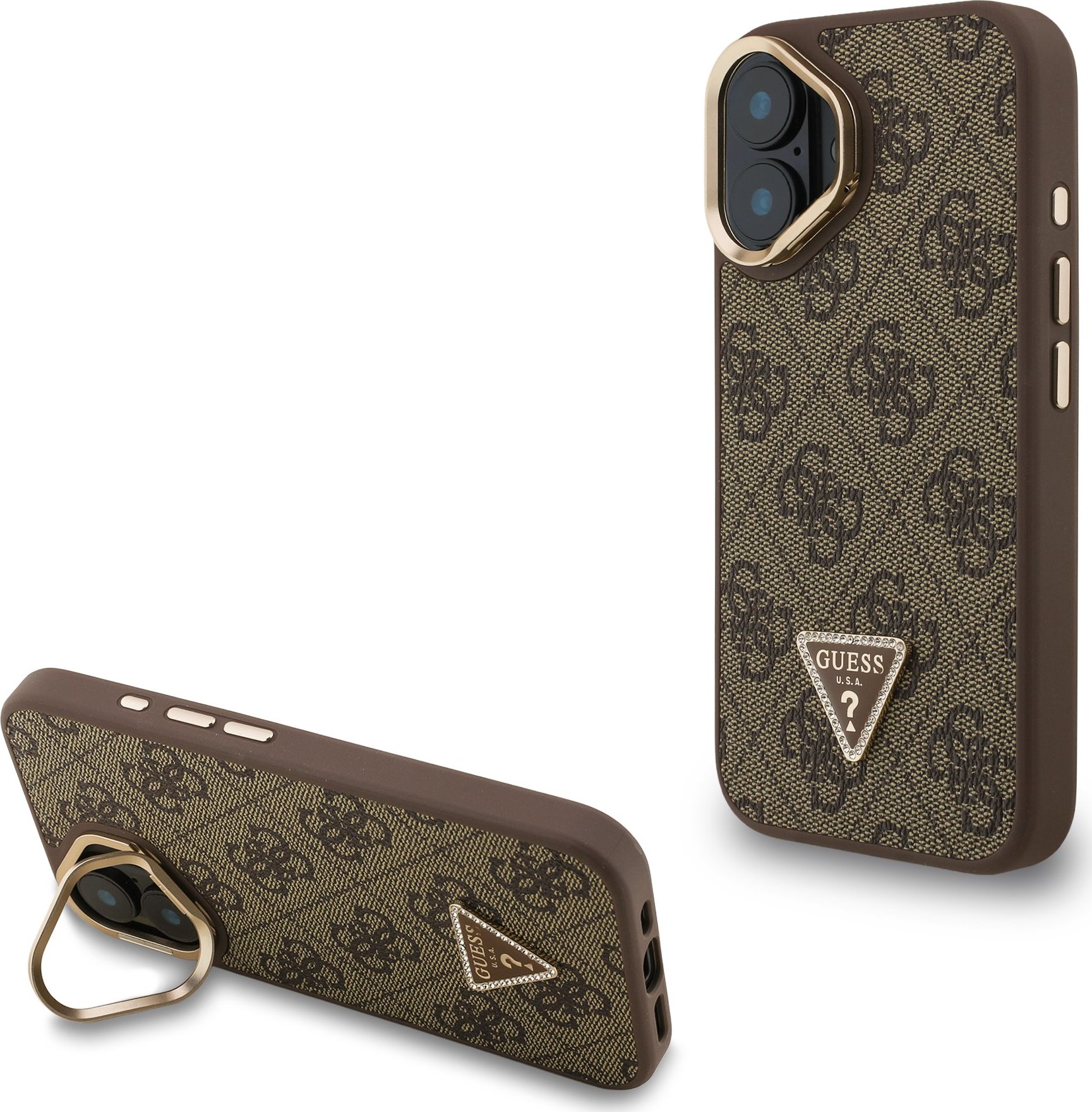 Guess PU 4G Strass Triangle Logo Stand Camera Frame MagSafe Zadní Kryt pro iPhone 16 Brown
