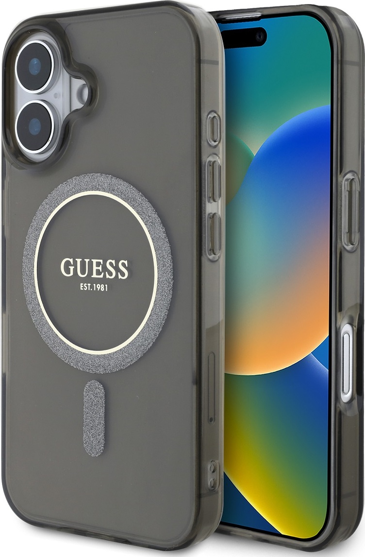 Guess IML Glitter Ring MagSafe Zadní Kryt pro iPhone 16 Black