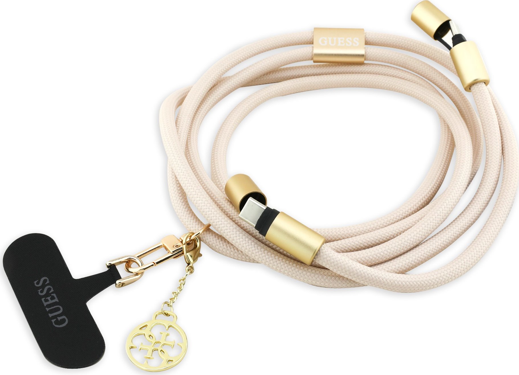 Guess Crossbody Popruh 4G Charm s Nabíjecím Kabelem USB-C/USB-C Beige