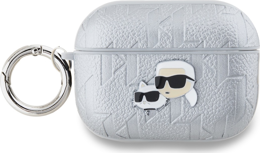 Karl Lagerfeld PU Embossed Karl and Choupette Heads Pouzdro pro AirPods Pro 2 Silver