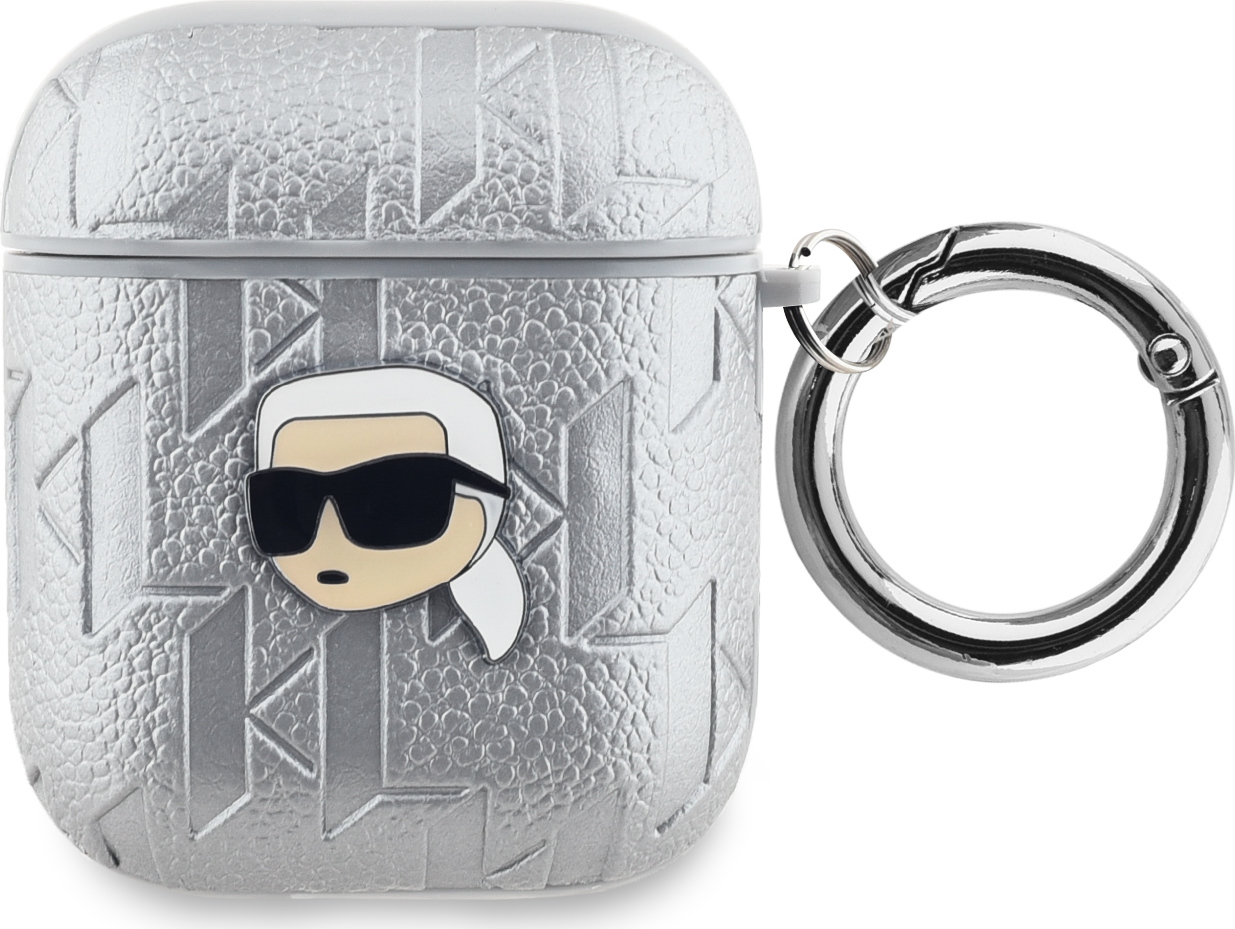 Karl Lagerfeld PU Embossed Karl Head Pouzdro pro AirPods 1/2 Silver