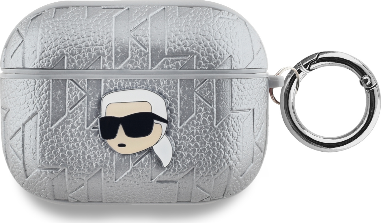 Karl Lagerfeld PU Embossed Karl Head Pouzdro pro AirPods Pro Silver
