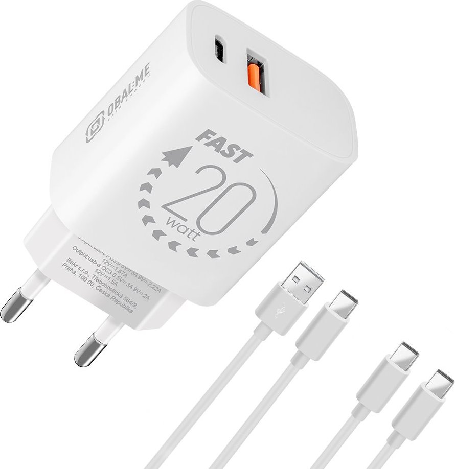 OBAL:ME Cestovní Nabíječka USB-A + USB-C 20W + 2x kabel 1m White