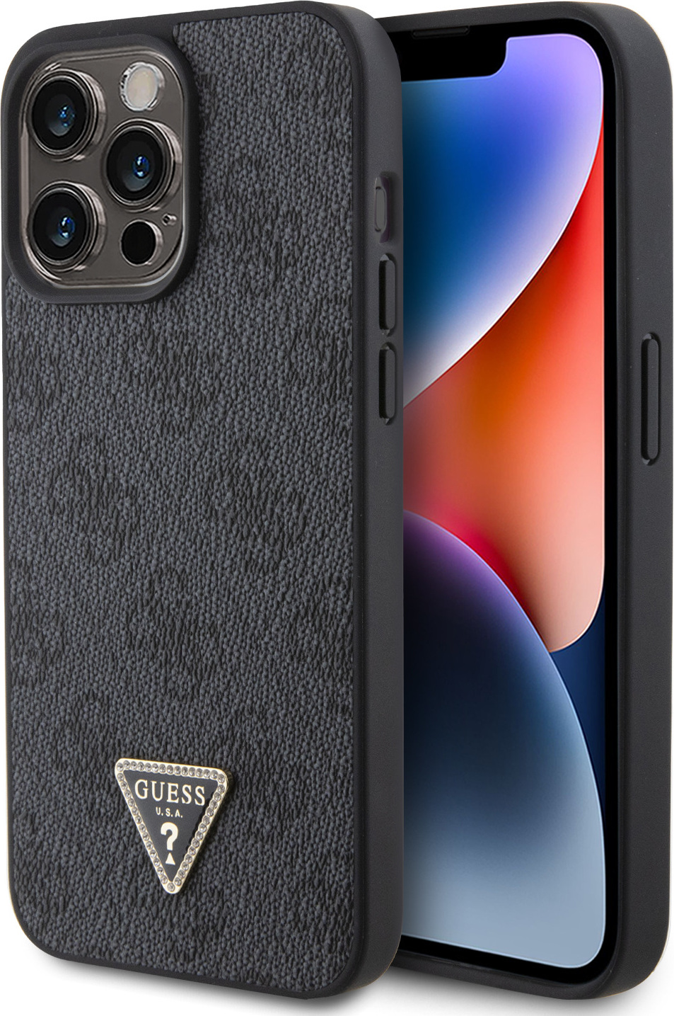 Guess PU 4G Strass Triangle Metal Logo Zadní Kryt pro iPhone 15 Pro Max Black