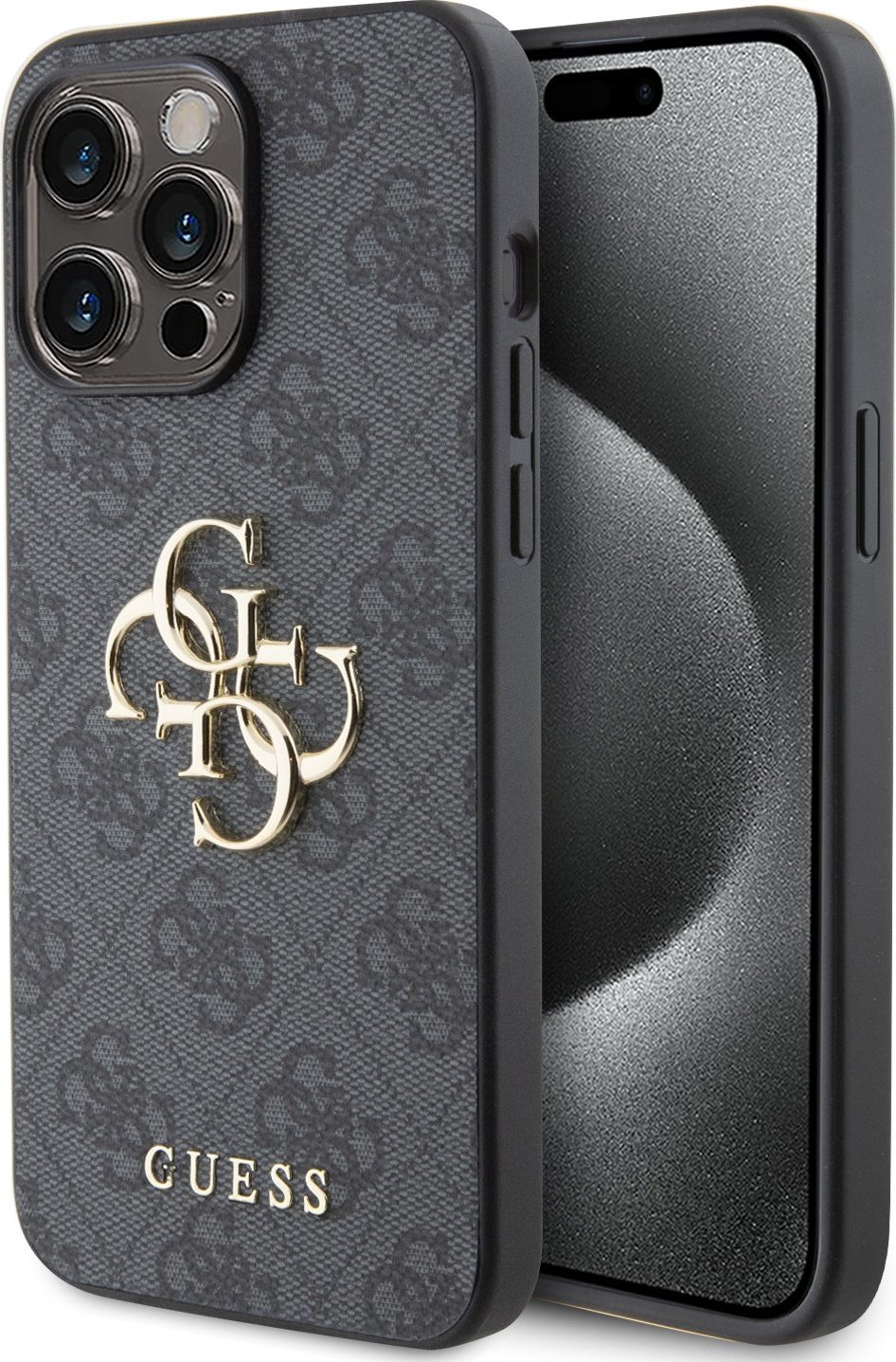 Guess PU 4G Metal Logo Zadní Kryt pro iPhone 15 Pro Max Grey