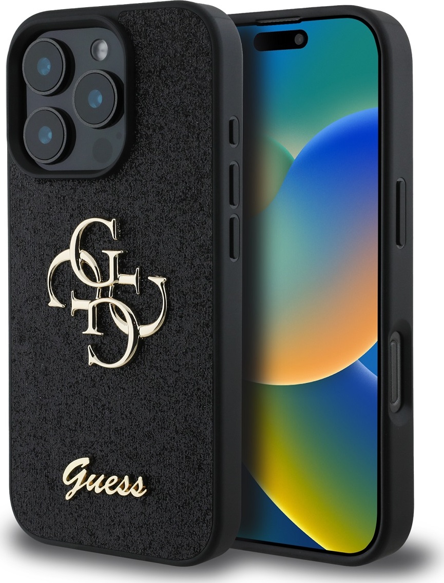 Guess PU Fixed Glitter 4G Metal Logo Zadní Kryt pro iPhone 16 Pro Black