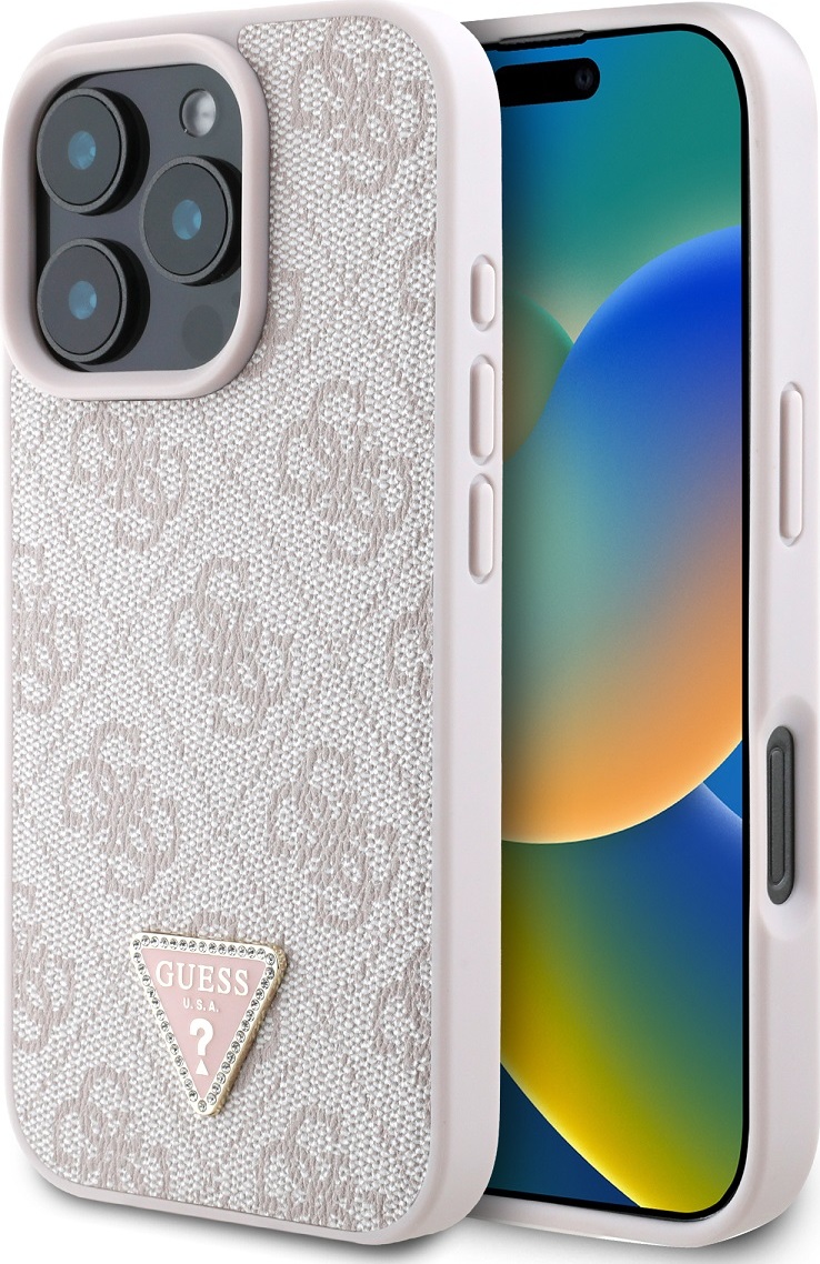 Guess PU 4G Strass Triangle Metal Logo Zadní Kryt pro iPhone 16 Pro Pink