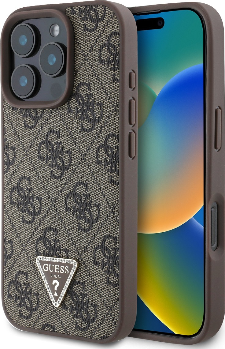 Guess PU 4G Strass Triangle Metal Logo Zadní Kryt pro iPhone 16 Pro Max Brown