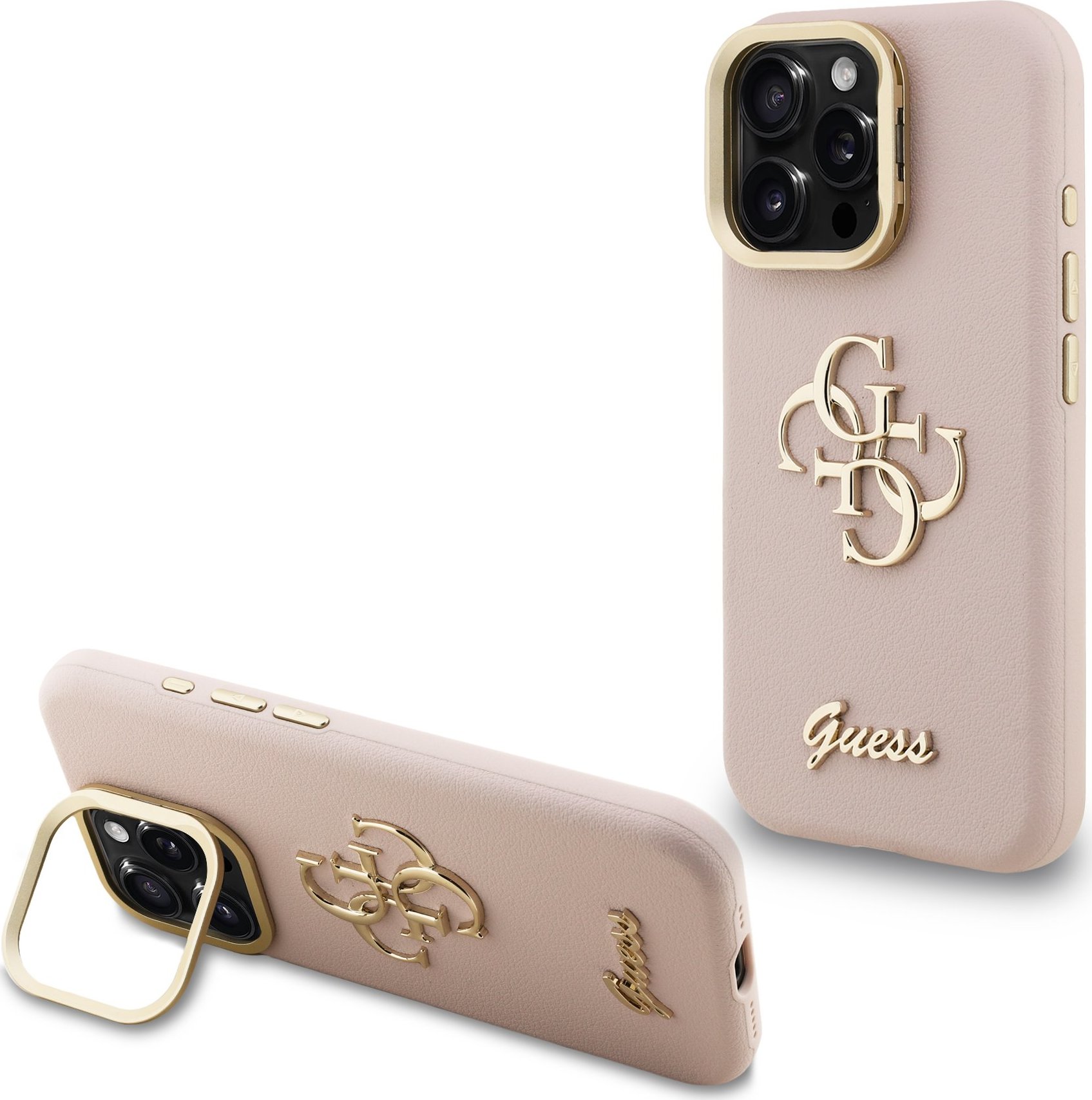 Guess PU Grained 4G Logo Stand Camera Frame Zadní Kryt pro iPhone 16 Pro Max Pink