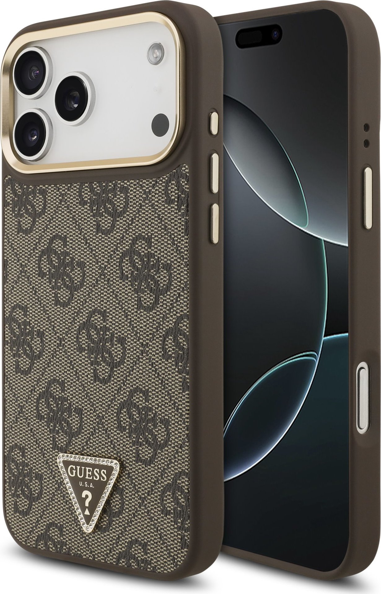 Guess PU Leather 4G Strass Triangle Logo Gold Frame MagSafe Zadní Kryt pro iPhone 17 Pro Max Brown