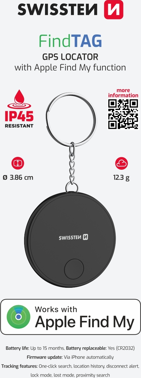 SWISSTEN FIND TAG CHYTRÝ LOKÁTOR S FUNKCÍ APPLE FIND MY ČERNÝ