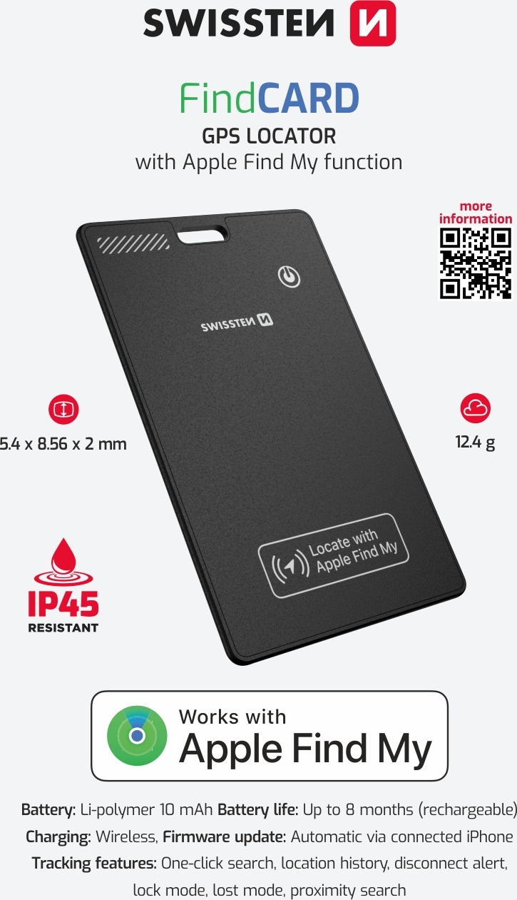 SWISSTEN FIND CARD CHYTRÝ LOKÁTOR S FUNKCÍ APPLE FIND MY ČERNÝ