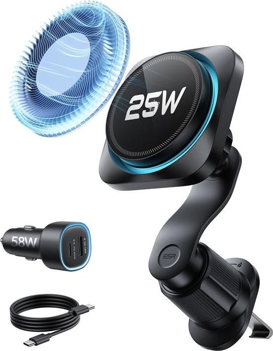 ESR OMNILOCK CRYOBOOST MAGNETIC MAGSAFE VENT CAR MOUNT WIRLESSS CHARGER QI2.2 25W SET S ADAPTÉREM BLACK