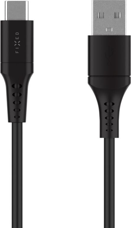 Krátký nabíjecí a datový Liquid silicone kabel FIXED s konektory USB/USB-C a podporou PD, 0.3m, USB 2.0, 60W, černý