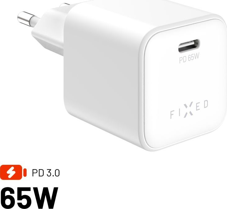 Síťová GaN nabíječka FIXED Mini s USB-C výstupem a podporou PD, 65W, bílá