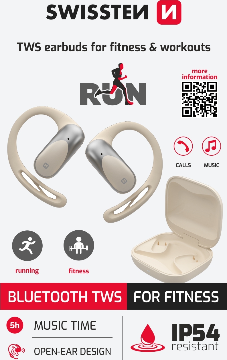 BLUETOOTH TWS SLUCHÁTKA SWISSTEN NA BĚHÁNÍ OPEN EAR BÉŽOVÁ