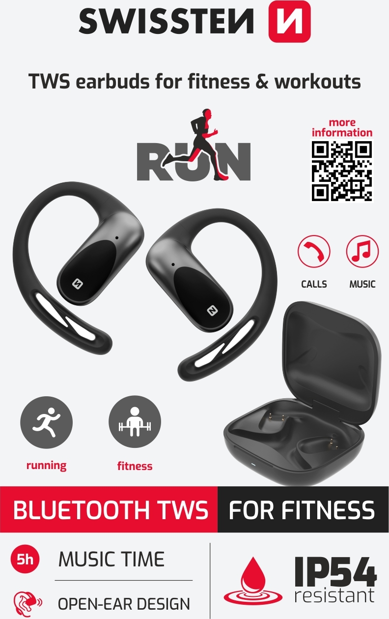 BLUETOOTH TWS SLUCHÁTKA SWISSTEN NA BĚHÁNÍ OPEN EAR ČERNÁ
