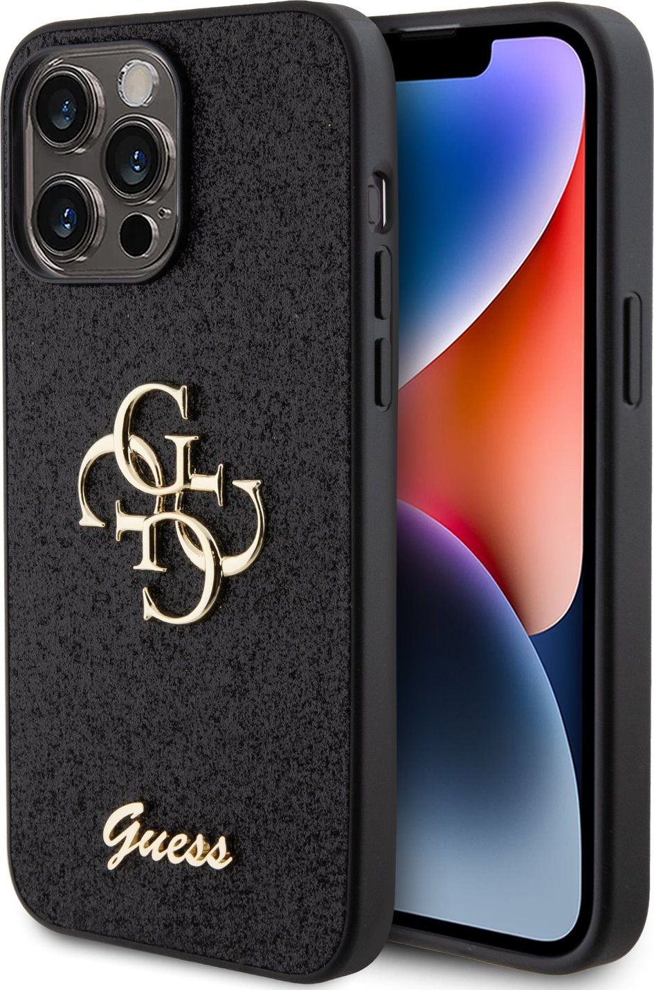 Guess PU Fixed Glitter 4G Metal Logo Zadní Kryt pro iPhone 15 Pro Max Black