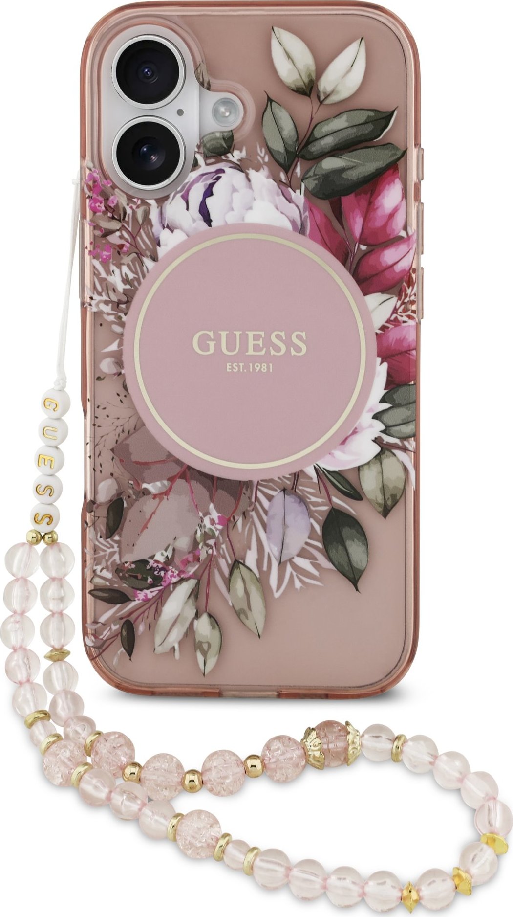 Guess IML Flowers Strap MagSafe Zadní Kryt pro iPhone 17 Pink