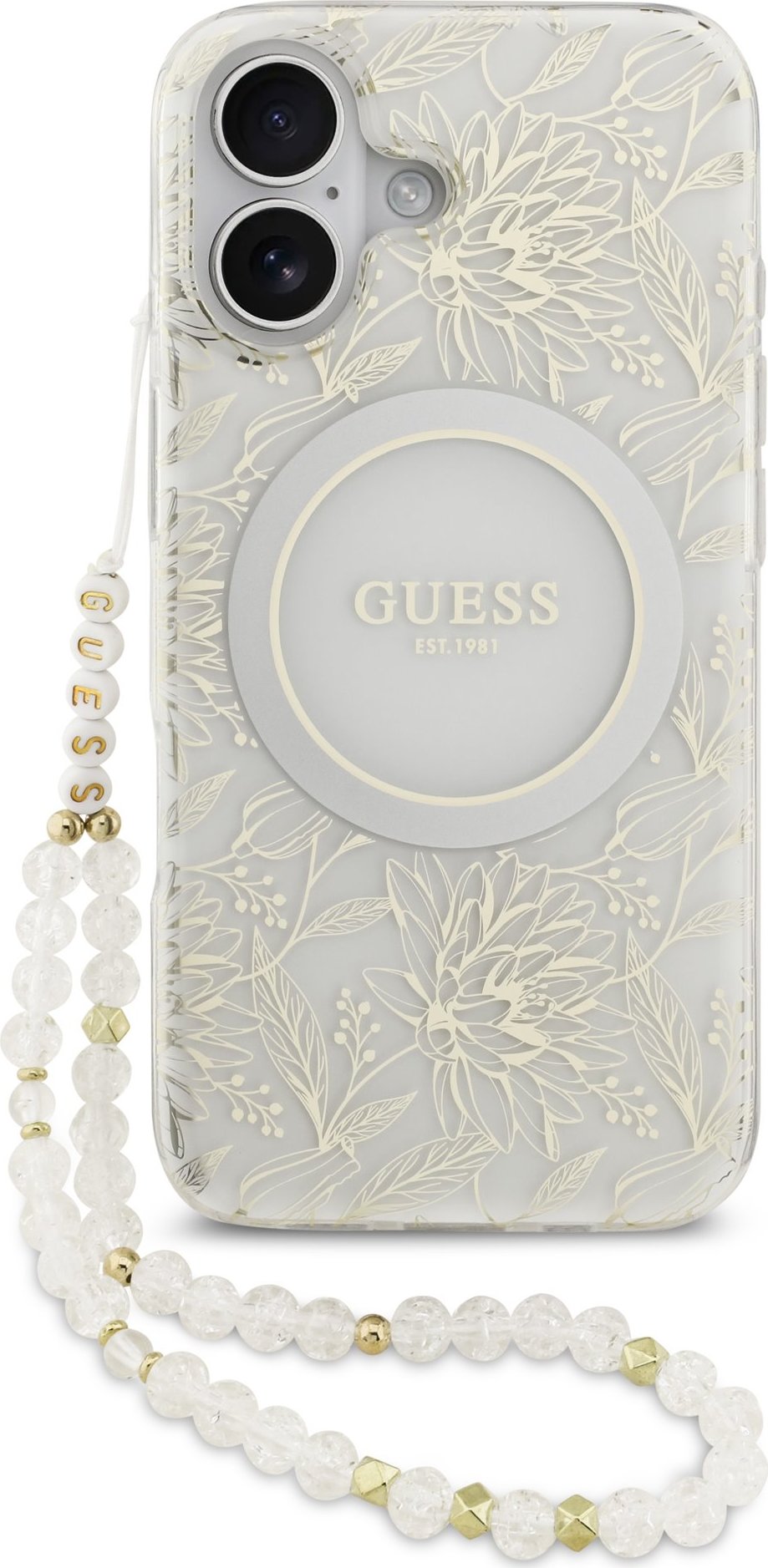 Guess IML Flowers Allover Strap MagSafe Zadní Kryt pro iPhone 17 White