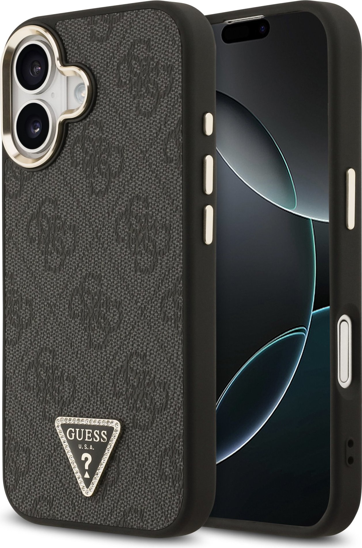 Guess PU Leather 4G Strass Triangle Logo Gold Frame MagSafe Zadní Kryt pro iPhone 17 Black