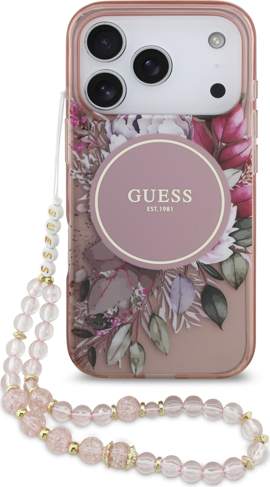 Guess IML Flowers Strap MagSafe Zadní Kryt pro iPhone 17 Pro Pink