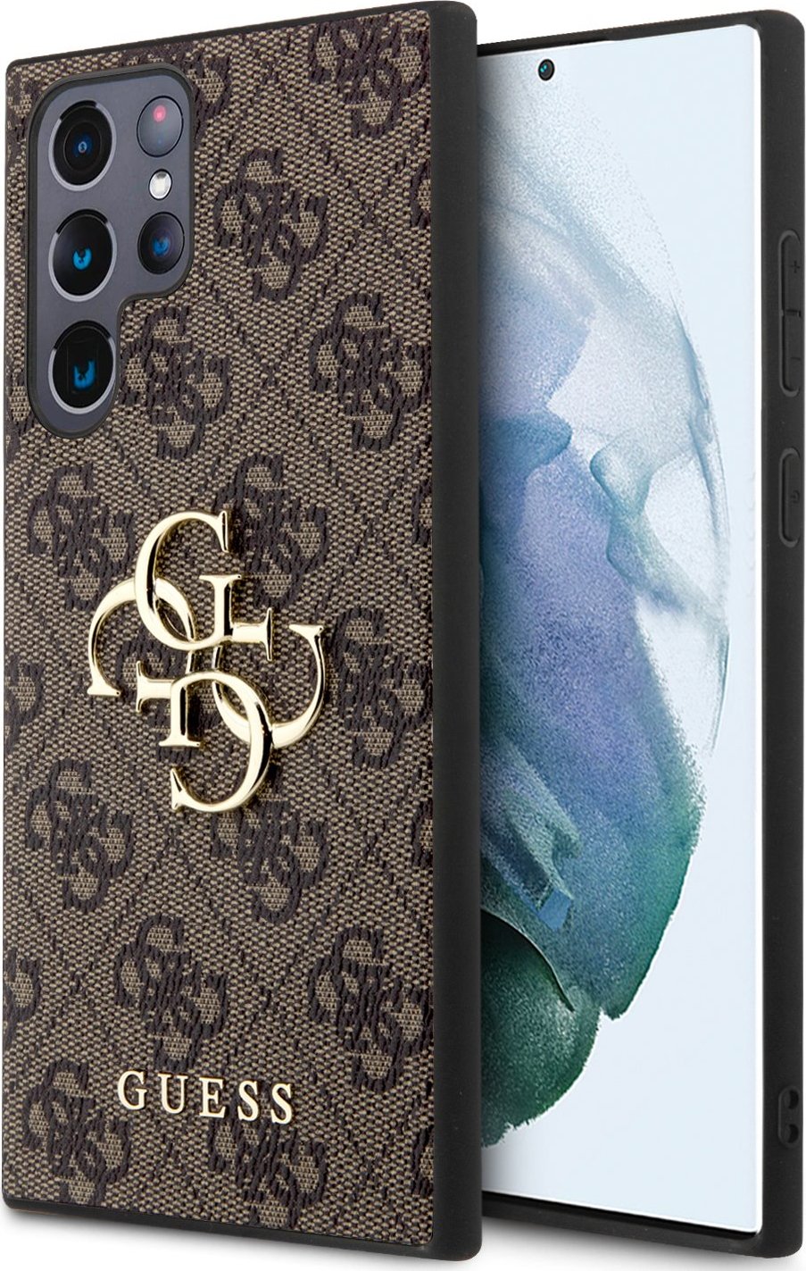 Guess PU 4G Metal Logo Zadní Kryt pro Samsung Galaxy S24 Ultra Brown
