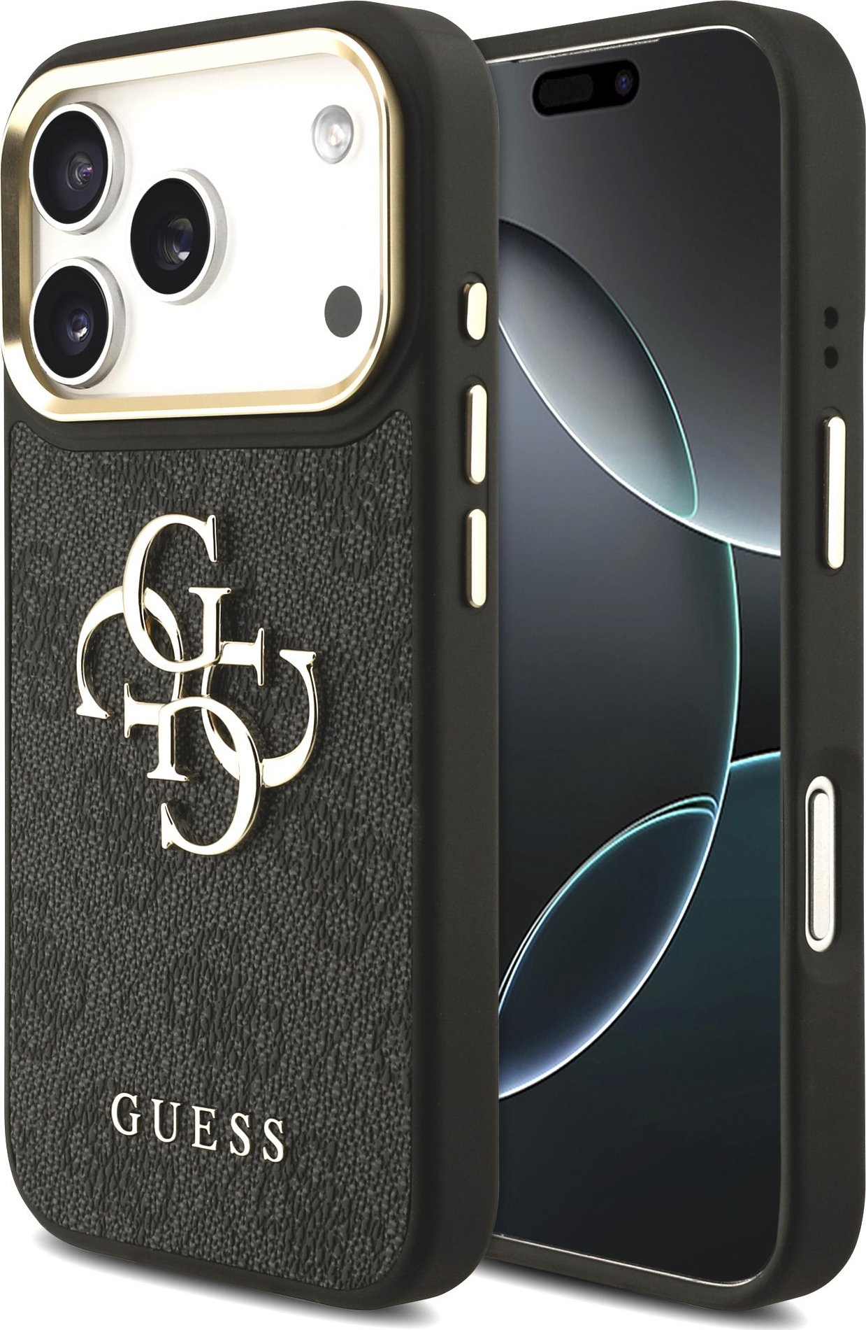 Guess PU Leather 4G Metal Logo Gold Frame Zadní Kryt pro iPhone 17 Pro Black