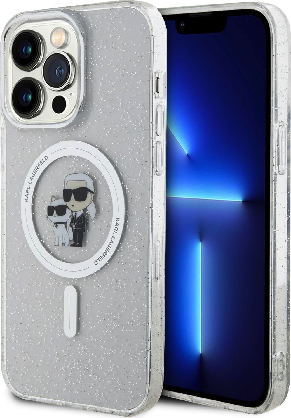 Karl Lagerfeld IML Glitter Karl and Choupette MagSafe Zadní Kryt pro iPhone 15 Pro Max Transparent