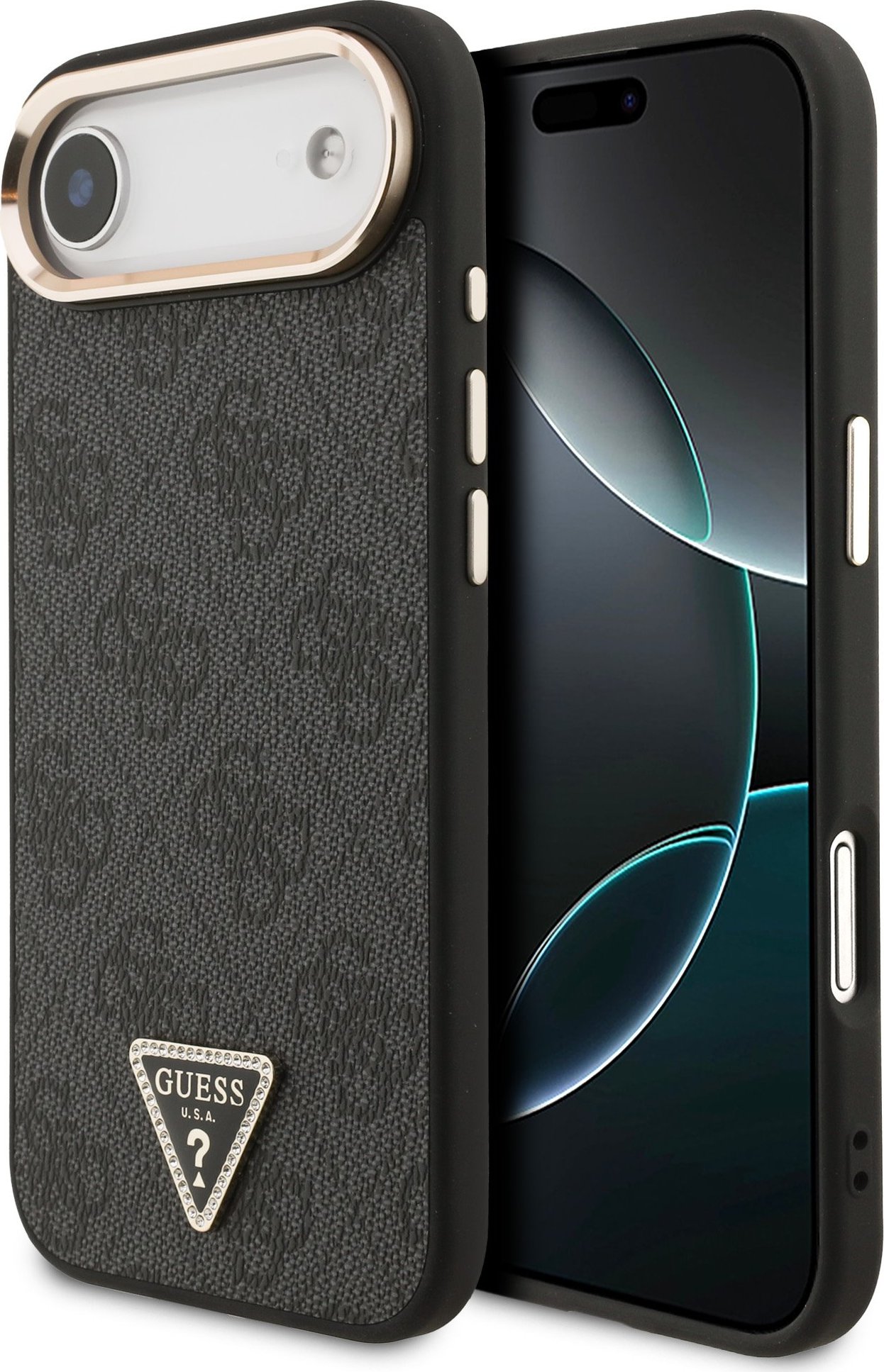 Guess PU Leather 4G Strass Triangle Logo Gold Frame MagSafe Zadní Kryt pro iPhone Air Black