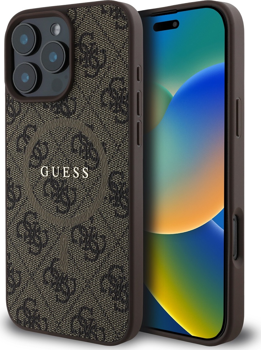 Guess PU Leather 4G Colored Ring MagSafe Zadní Kryt pro iPhone 16 Pro Brown